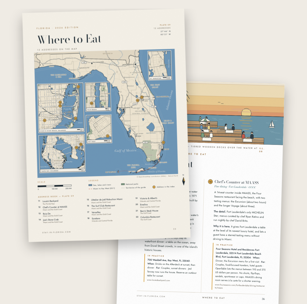 The Where to Eat map of The Florida Guide, with its twelve addresses numbered on the base map of the state